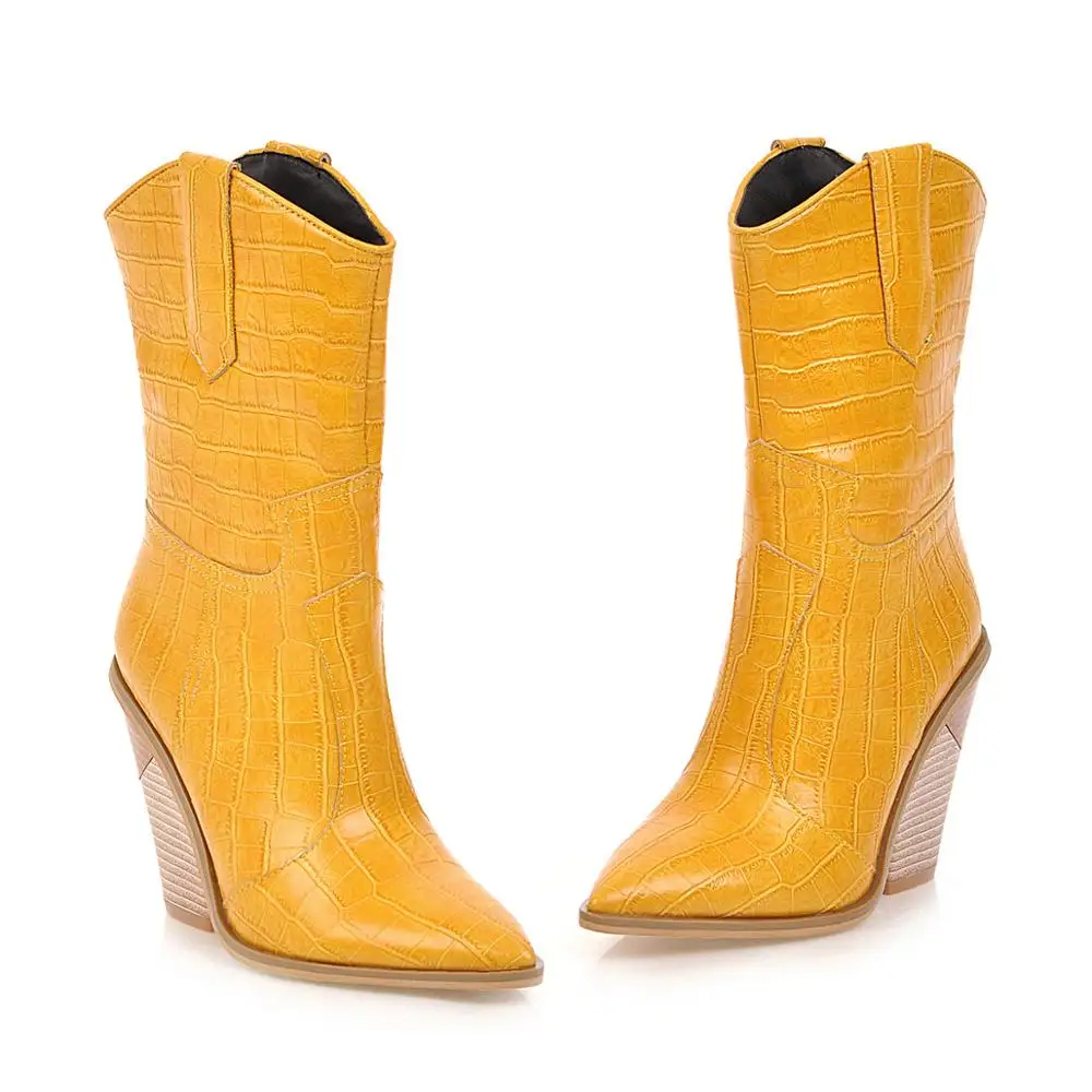 Модные женские ковбойские ботинки Осень-зима женская обувь ковбойские Полусапоги в западном стиле черная кожаная обувь с острым носком женские Ботинки на каблуке - Цвет: yellow   plush