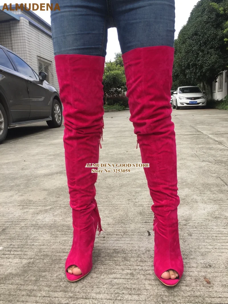 1909S1065 玫红色绒面鱼嘴过膝后流苏长靴 刘兴欢280 (3)