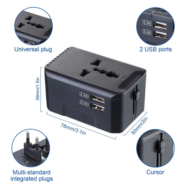 Двойной USB адаптер 2.4A, универсальный, для путешествий, по всему миру, настенное зарядное устройство, штепсельная вилка переменного тока для США, Великобритании, ЕС, Австралии, телефона более 150 стран