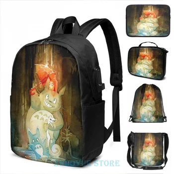

Umbrella Totoro and Pangur Ban Studio Ghibli Secret of Kells Watercolor Homage Backpack men School bags Travel laptop bag