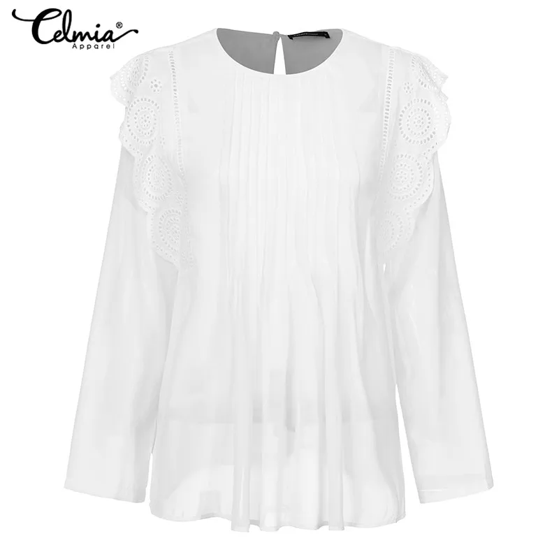 Women Embroidered Ruffles White Blouses Lace Shirts Celmia Transparent Elegant Long Sleeve Pleated Casual Loose Chiffon Tops 5XL
