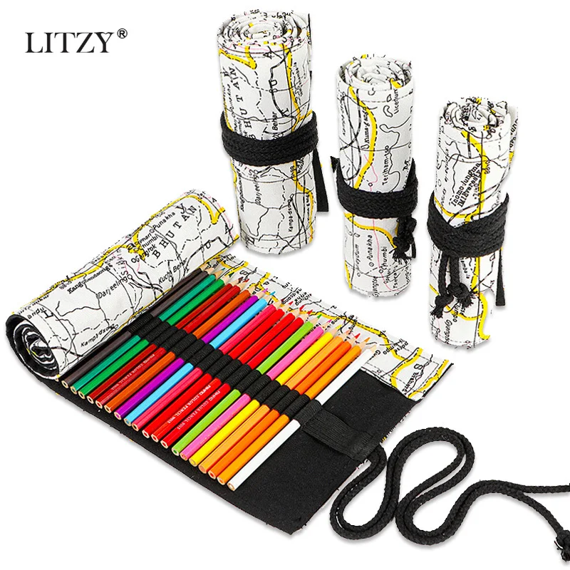 

Simple And portable 12/24/36 Holes Map Pencil Case Kawaii Canvas Roll Pouch Pencilcase Sketch Brush Pen Pencil Bag Tools