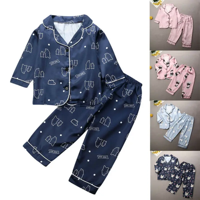  1-7T Toddler Kids Baby Girls Boys Pajama Sets Long Sleeve Top + Pant Satin Silk 2pcs Set Casual Nig