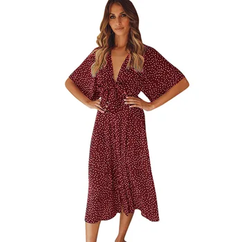 

019 Women Summer Sexy V-Neck Ruffled Chiffon Lace-Up Bow Polka Dot Print Loose Middle Sleeve Chiffon Dress