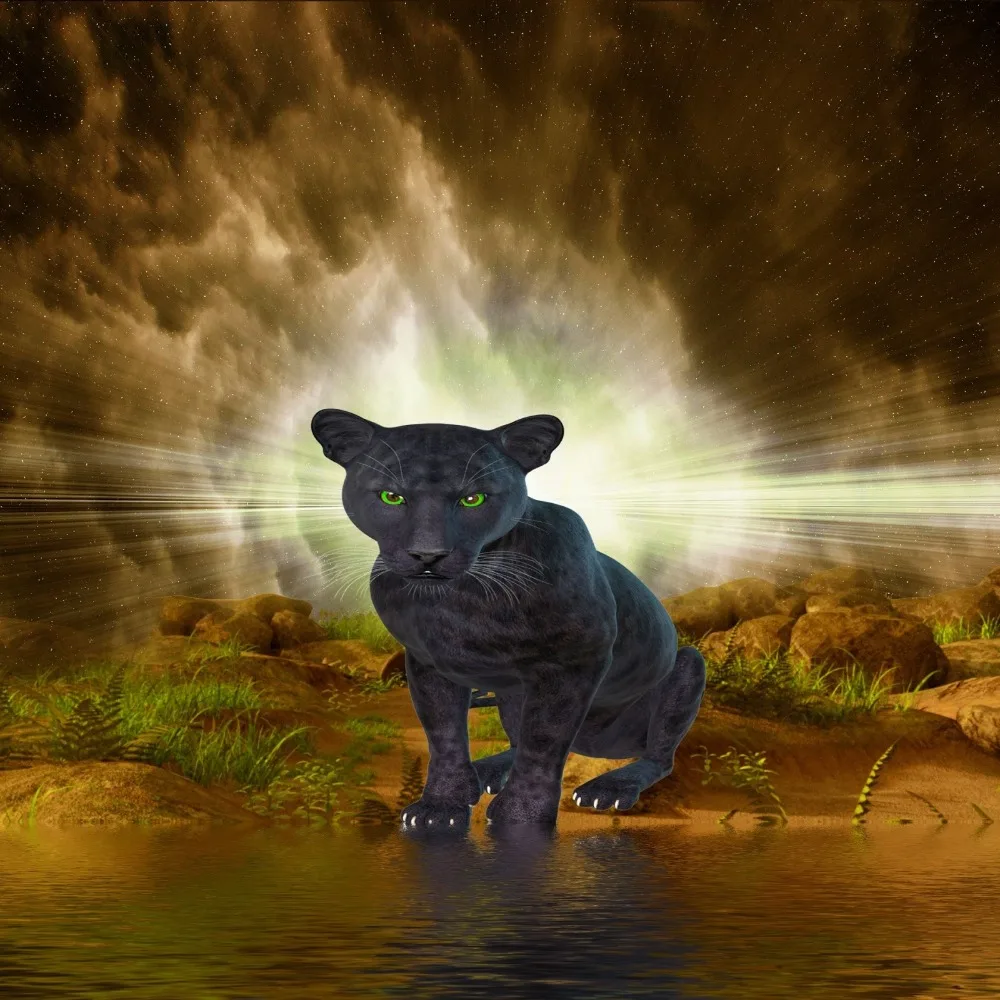 Fantasy black panther, green eyes, public domain