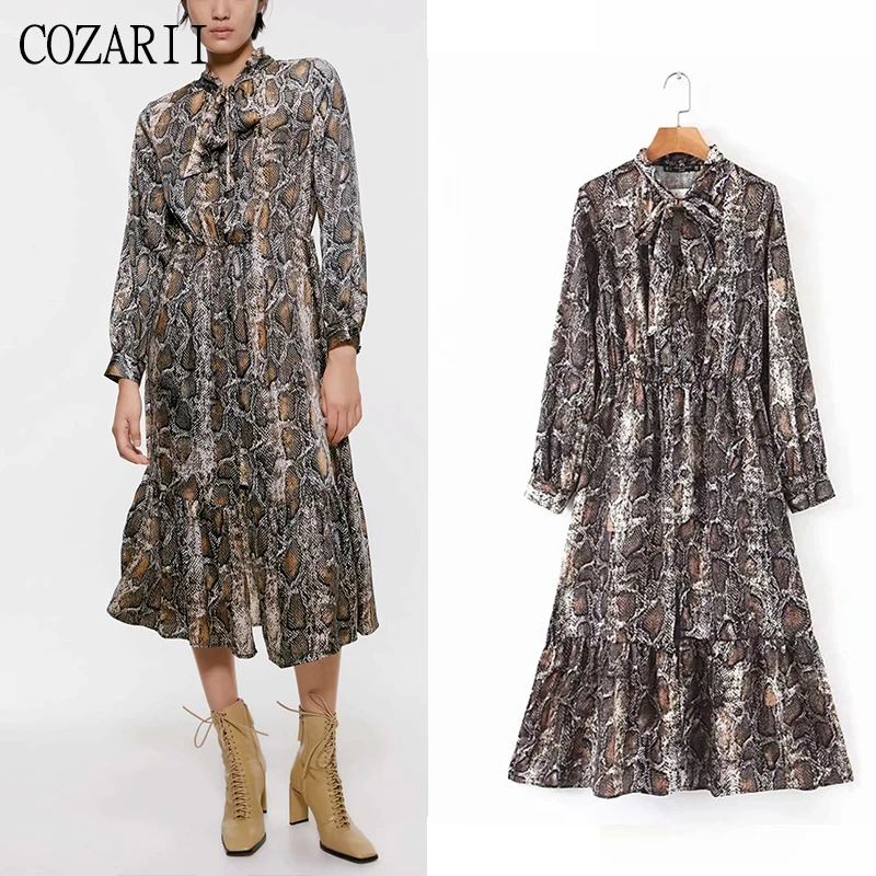 

COZARII Women chic snake print midi Dress bow tie collar elastic waist long sleeve animal pattern wild mid calf 2019 Za dresses