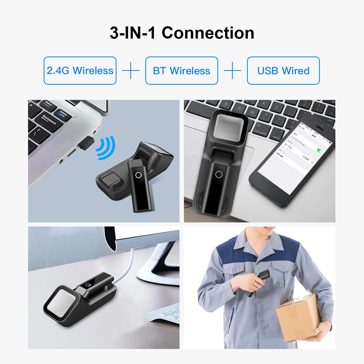 Barcode Scanner Aibecy 3-in-1 Barcode Scanner Handheld 1D/2D/QR Bar Code Reader Support BT 2.4G Wireless USB Wired Connection for Supermarket