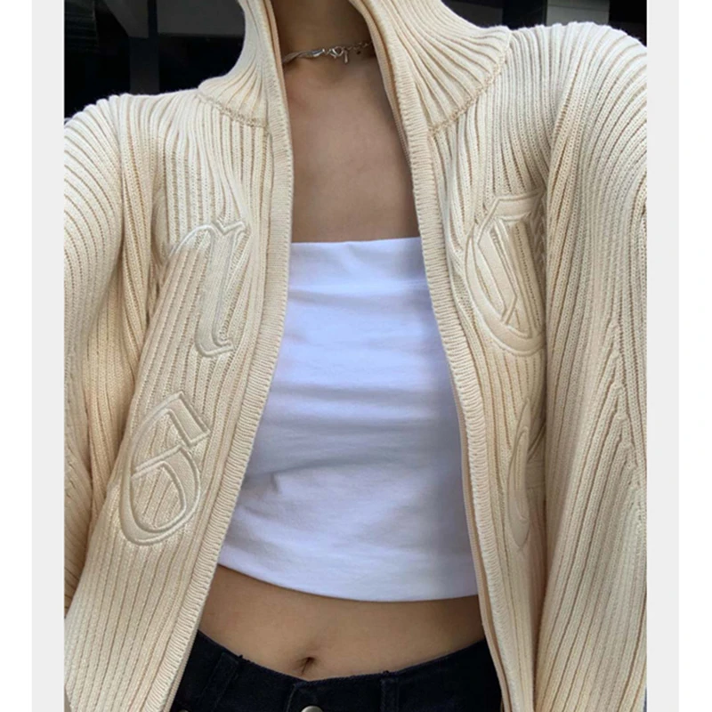 Women Zipper Beige Knitted Ribbed 2021 Cardigan Long Sleeve Sweater Autumn Winter LooseJumper Casual Kардиган женский long sweater