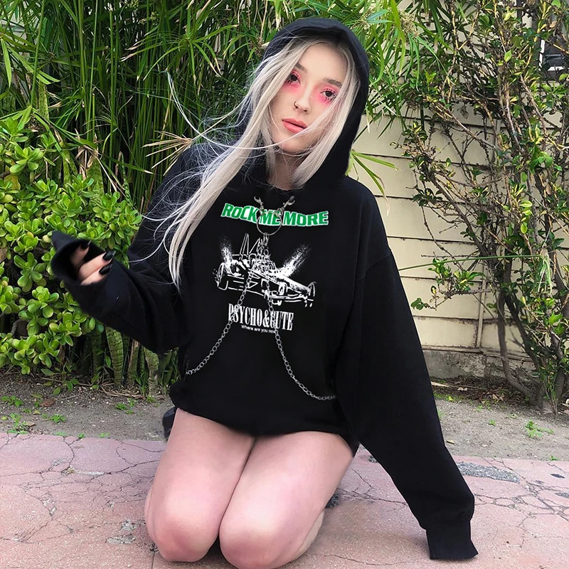 Уличная черная толстовка с капюшоном женская одежда в стиле хип-хоп Grunge Автомобильная Толстовка с длинным рукавом с цепочкой женские спортивные рубашки