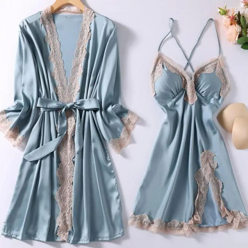 Twinset Robe Set Women Lace Kimono Bath Gown Bride Bridemaid Wedding Bathrobe&Spaghetti Strap Nightgown Sexy V-Neck Sleepwear