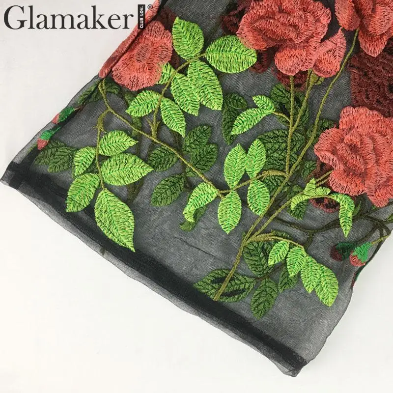 Glamaker вышивка цветочный костюм из двух частей черное Сетчатое длинное платье женское зимнее сексуальное вечернее платье Осень женское Клубное платье плюс размер