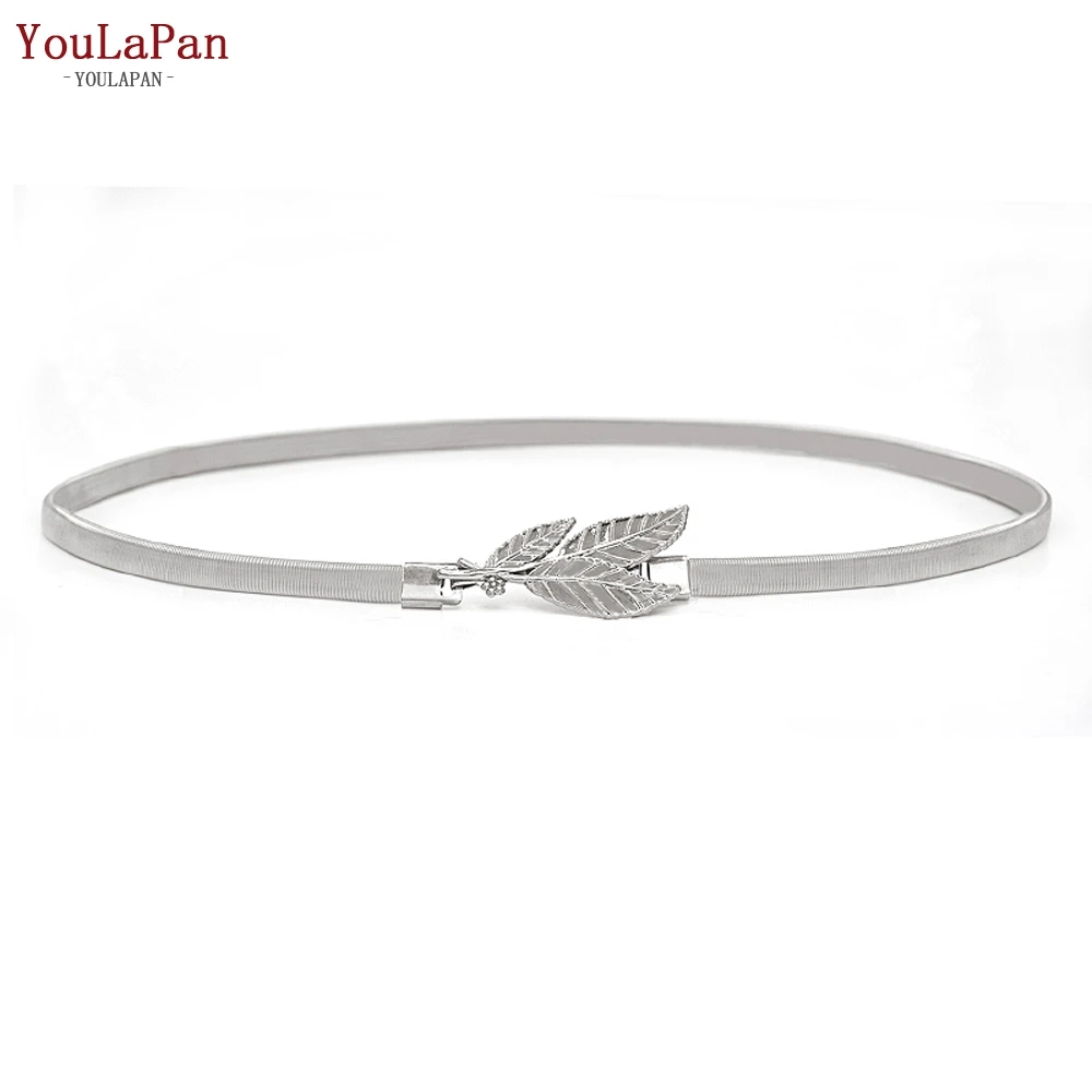 sliver YouLaPan S447 эластичные ремни для женщин и девушек, тянущийся пояс на талию, Цветочный Пояс в форме листа, Свадебный дизайнерский металлический женский ремень, металлический пояс - Цвет: sliver