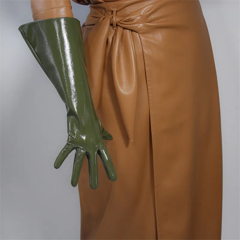 shine army green Длинные перчатки из лакированной кожи 38 см, с большим рукавом, для принцессы, с широкими манжетами, имитация кожи, унисекс, для мужчин и женщин, армейский зеленый цвет, PU160 - Цвет: shine army green