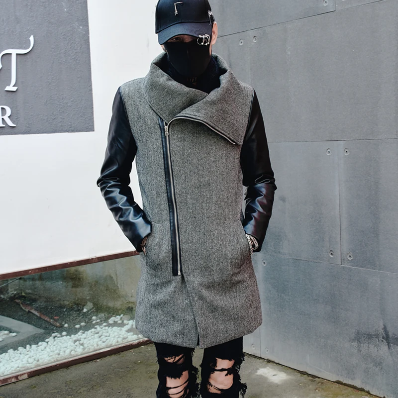 Guo-Chao Tang New Winter Hipster Hip-hop Dark Slim Thick Coat Personality zipper Splice Streetwear Overcoat Drop Shipping