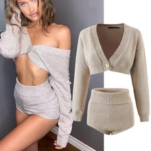 

Elmsk Sweaters Women Ins Blogger Fashion Vintage Sexy Short Cardigan Knitted Tops And Sexy Shorts women Knitted Bermuda Sets