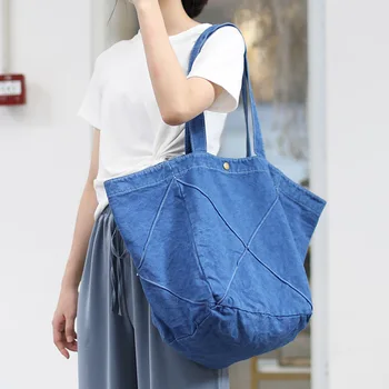 

Over Large Denim Tote Bag Women Casual Big Size Fabric Shopping Slouch Handbag with Thread Details Teenager Daily Reusable Bag