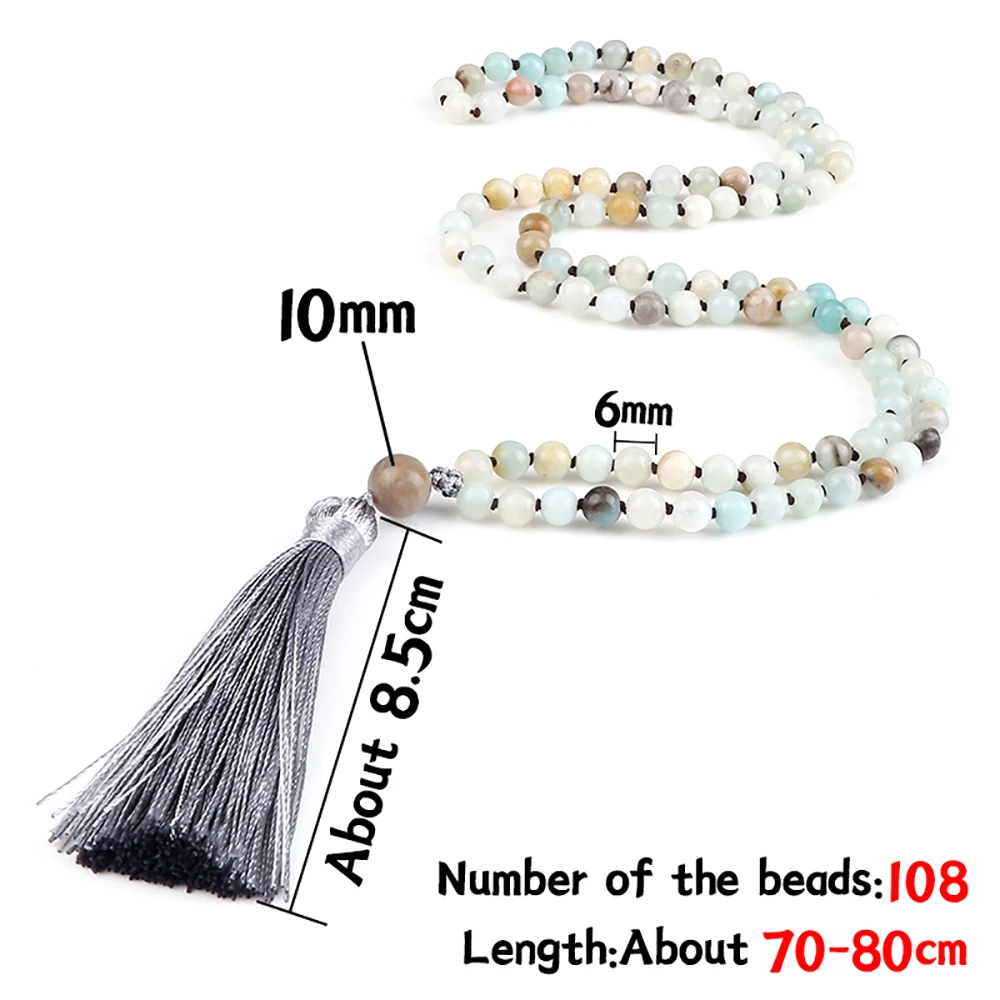 6 mm Amazonit-Perlen-Halsketten mit grauem Quasten-Anhänger, Mala, 108 Gebetsperlen-Halskette, Modeschmuck, Geschenke für Damen und Herren, Yoga – Detail 1