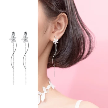 

Mocanie Clear CZ Sweet Lovely Flower with Goemetric Line Chain 925 Sterling Silver Elegant Drop Earring for Women Fine Jewelry