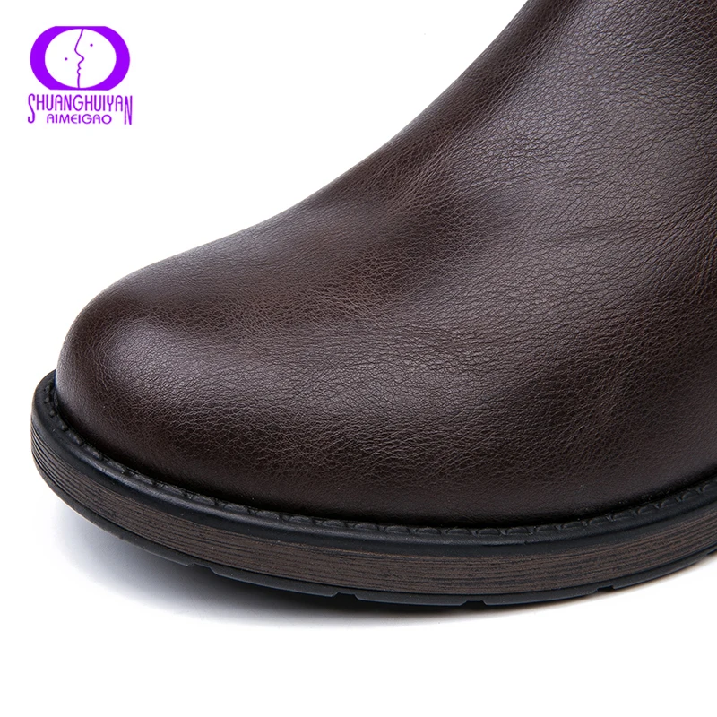 AIMEIGAO/теплая флисовая обувь; зимние ботинки из мягкой кожи коричневого цвета на молнии; Женская водонепроницаемая обувь на низком каблуке; женские ботинки на плоской подошве