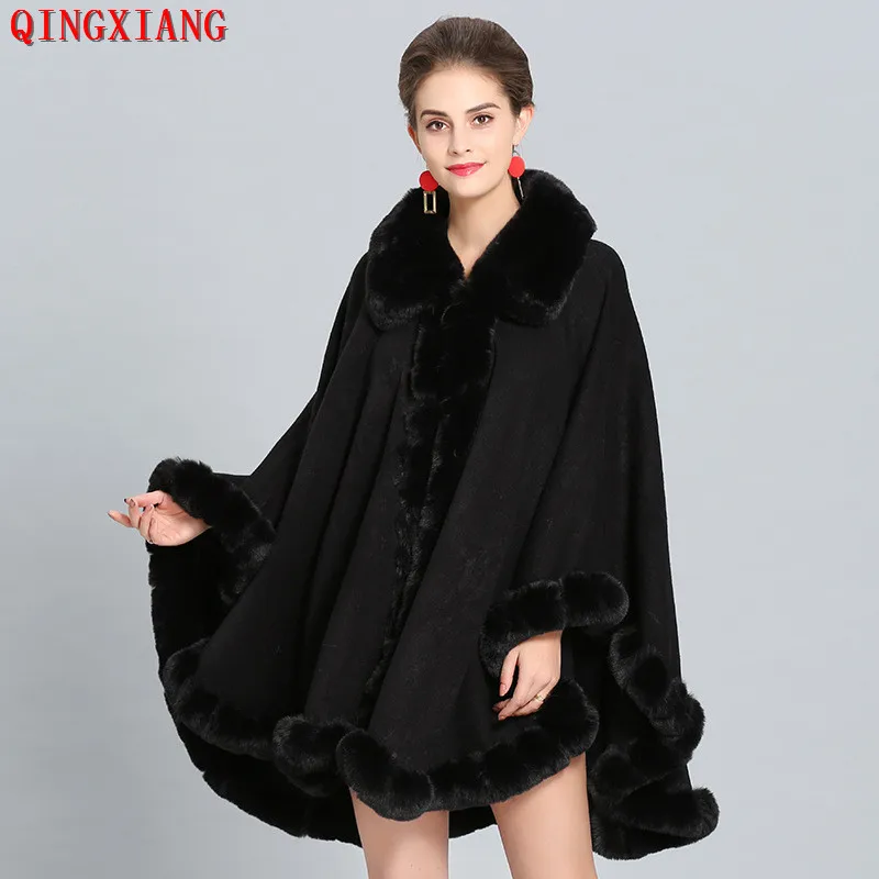 

11 Colors Autumn Winter Warm Faux Fur Lapel Warm Shawl Cloak Jacket Female Elegant Outwear Fluffy Cashmere Poncho Women Overcoat