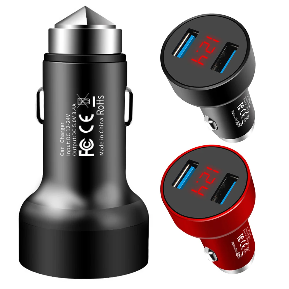 

Car Charger Digital Display Car Charger One for Two Cigarette Lighter Plug Safety Hammer Multi-function Fast Charge Accessories