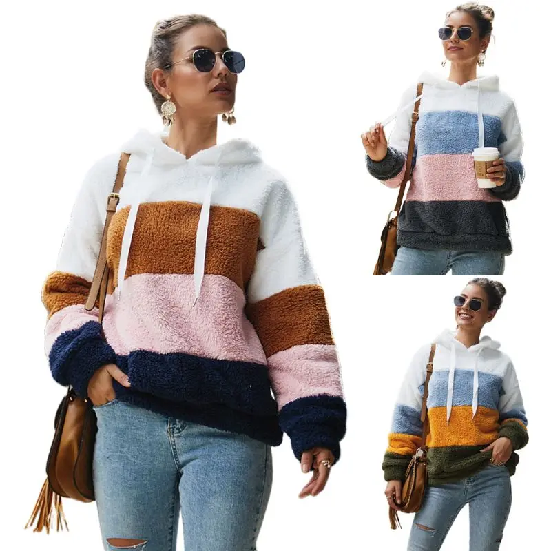 

Women Winter Tops Thickned Plush Baggy Sweatshirt Color Block Stripes Patchwork Drawstring Hoodies Oversized Loose Pullover Tops