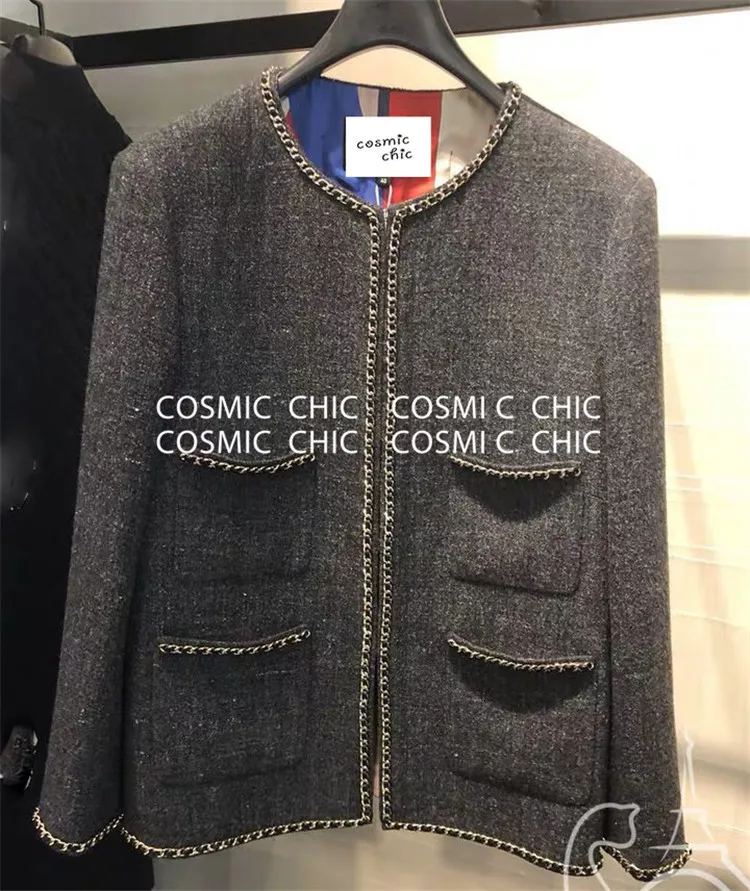 Cosmicchic осенне-зимняя женская шерстяная куртка с карманами и цепочкой, Высококачественная элегантная женская куртка с длинным рукавом на шелковой подкладке