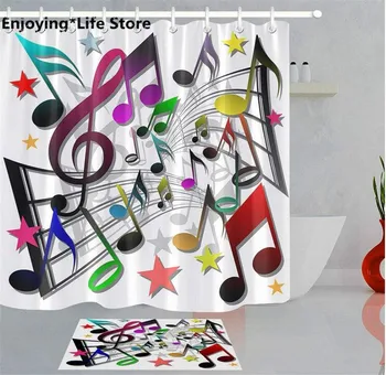 

Colorful Shower Curtain Set Music Notes Pattern Waterproof Shower Curtain Bathroom Bath Mat 72 x 72'' with 12 Hooks Mat 24x16''
