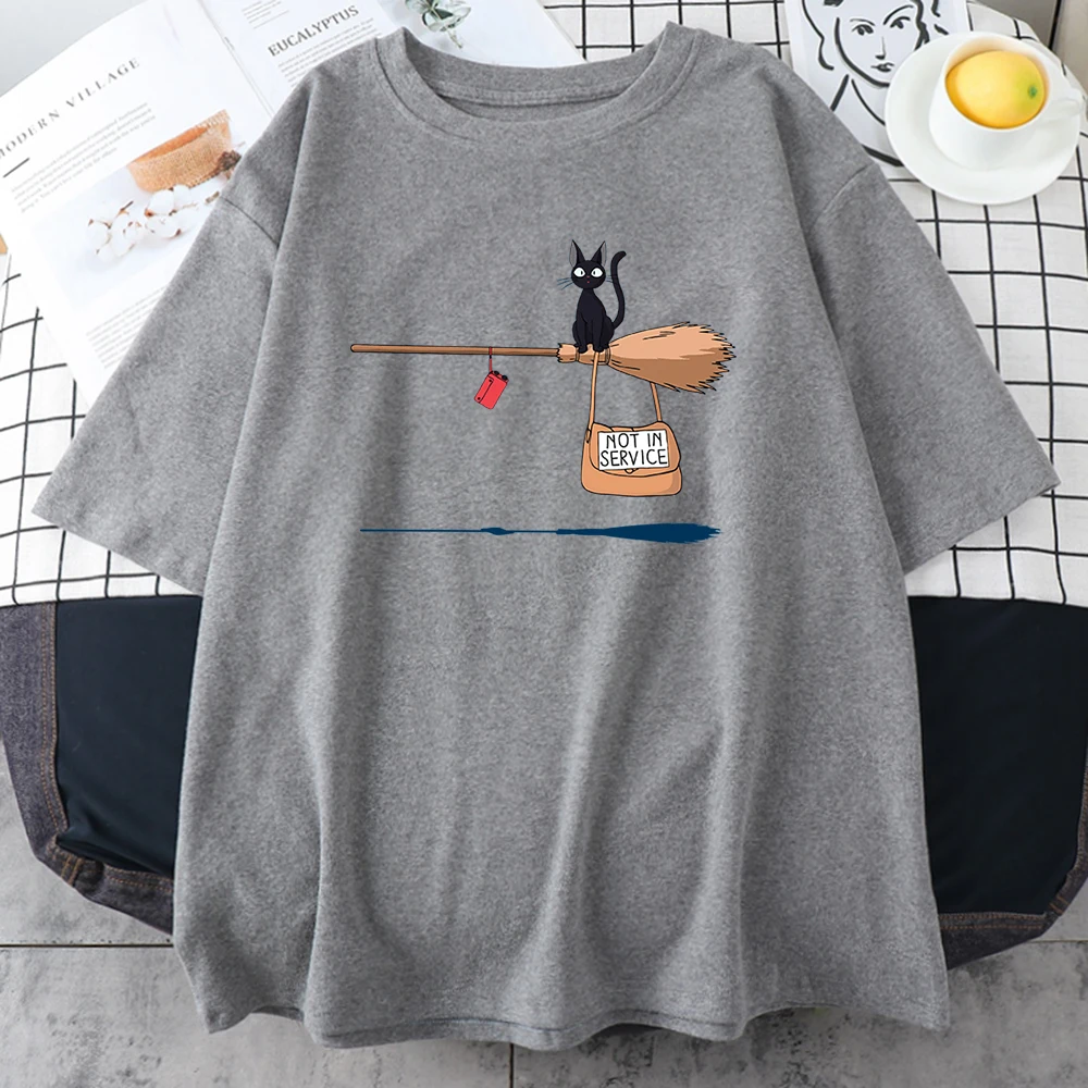 Cute Cat Not In Service Comics Printing Women Soft Cartoons Soft Tshirt Fashion Crewneck Tshirts Vintage Loose T Shirts Couple