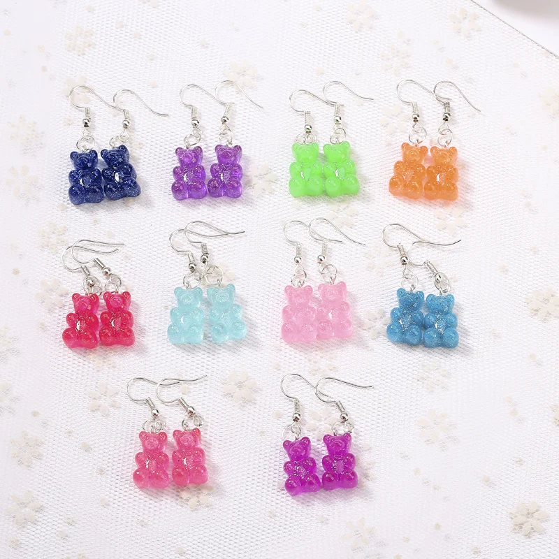 1Pair  Women Drop Earrings  Glitter Gummy Bear Crafts Multicolor Resin Charms Fashion Jewelry Diy Making