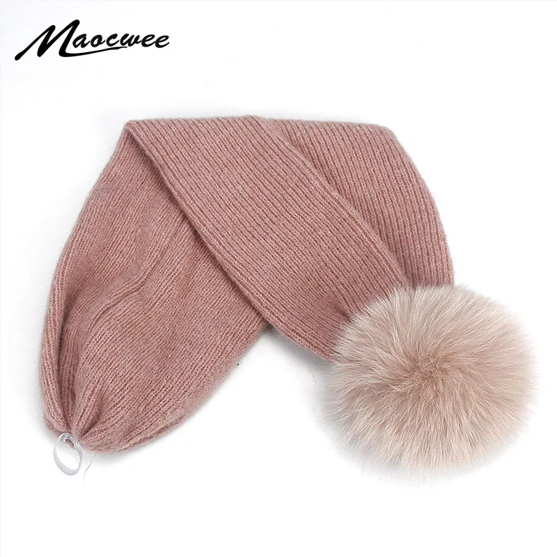 Women Winter Beanies Scarf Dual-purpose Knit Hat With Real Fox Fur Pompon Warm Knitted Caps Thick Hedging Cap Balaclava Skullies