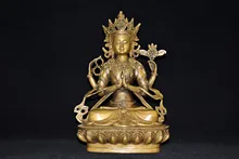 

11"Chinese Folk Collection Old Bronze Patina Four-armed Guanyin Bodhisattva Lotus Terrace Sitting Buddha Ornaments Town House