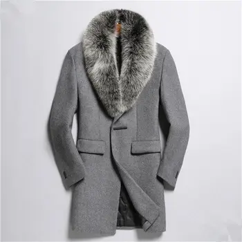 

Autumn Winter Jacket Men Top Qulity Wool Coat 100%Real Fox Fur Collar Overcoat Abrigo De Lana Hombre M2988 MF629