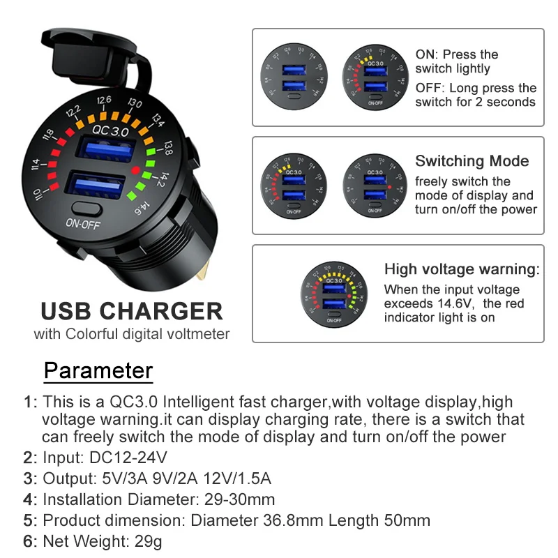 12V 24V Car Charger Quick Charge 3.0 Dual USB Car Charger Waterproof 18W USB Car Charger with LED Voltmeter ON OFF Switch auto usb charger