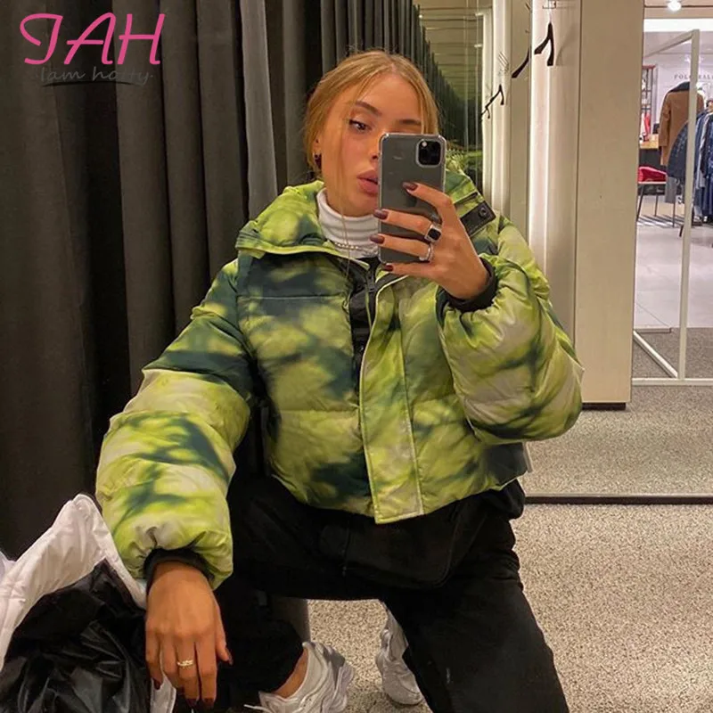 IAMHOTTY, пуховое пальто с пузырьками, Cutton, Tie Dye, женская мода, уличная одежда, контрастная парка, куртки, толстые, зимние, теплые, новые, укороченные куртки