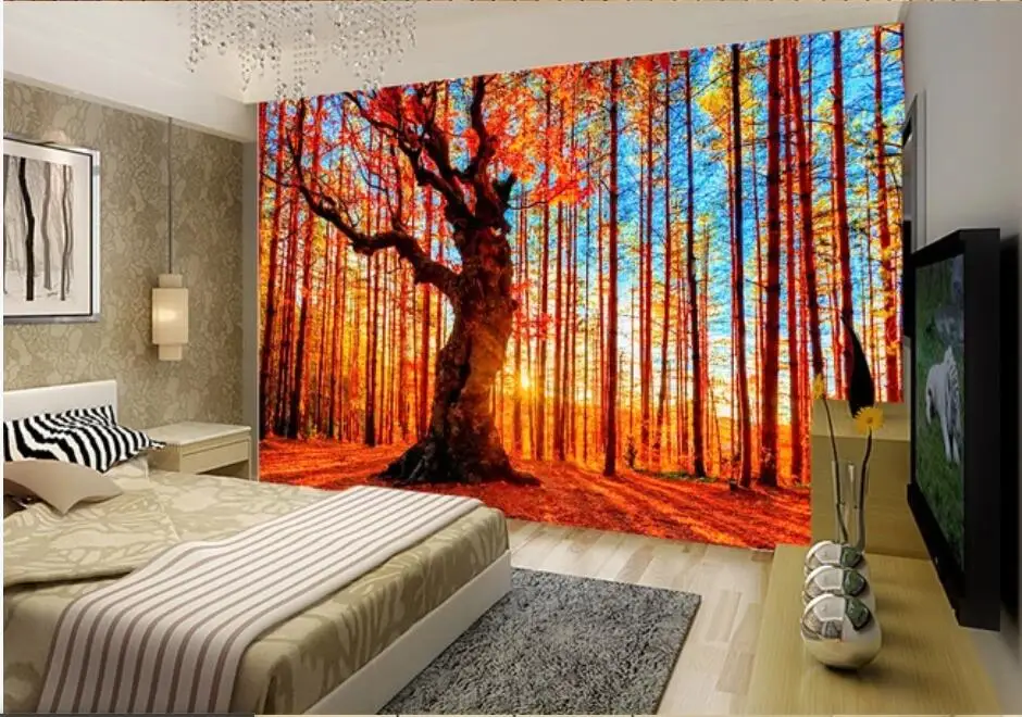 

WDBH 3d wallpaper custom photo Oil painting red forest landscape living room home decor 3d wall murals wallpaper for walls 3 d