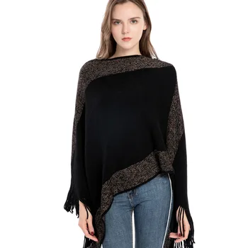 

Women Autumn Winter Knitted Shawl and Ponchos High Quality Acrylic Tassel ponchos Metallic Shawl and capes