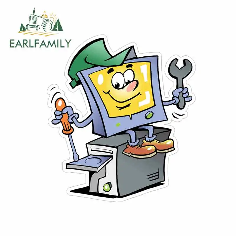 

EARLFAMILY 13cm x 11.6cm Computer Repair Man Cartoon Car Stickers Vinyl JDM Waterproof RV VAN Fine Decal 3D Accessories Graphics