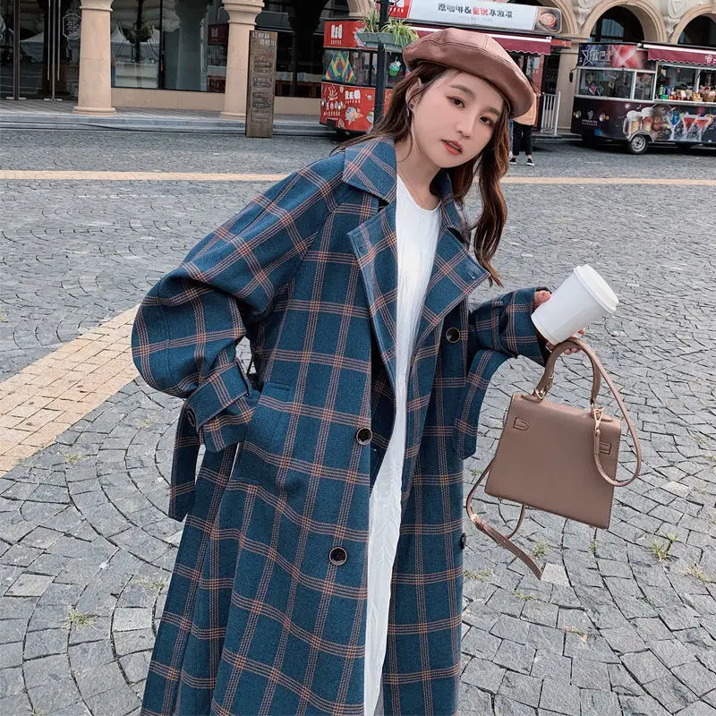 Plaid Windbreaker Women's Mid-length 2022 New Korean Style Loose and Thin Over The Knee Temperament Coat 2021 women autumn clothing new korean slim mid length over the knee denim windbreaker jacket female plus size clothing trenda130