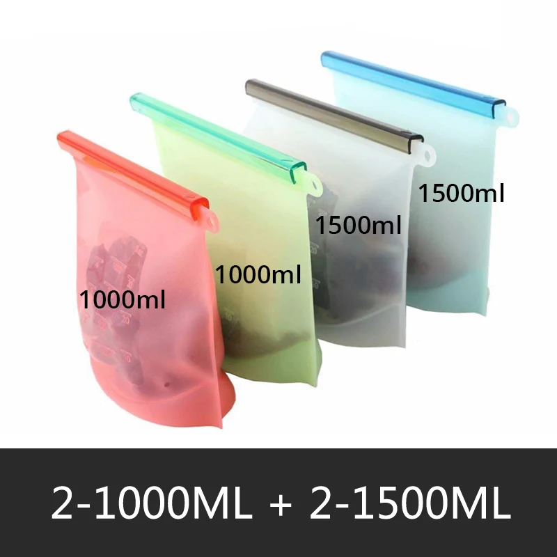 1000 мл 1500 мл силиконовый мешок для хранения Многоразовые силиконовые пакеты для хранения продуктов для пищевых уплотнений Ziplock морозильная камера для приготовления пищи свежие пакеты - Цвет: 2-1000ml 2-1500ml