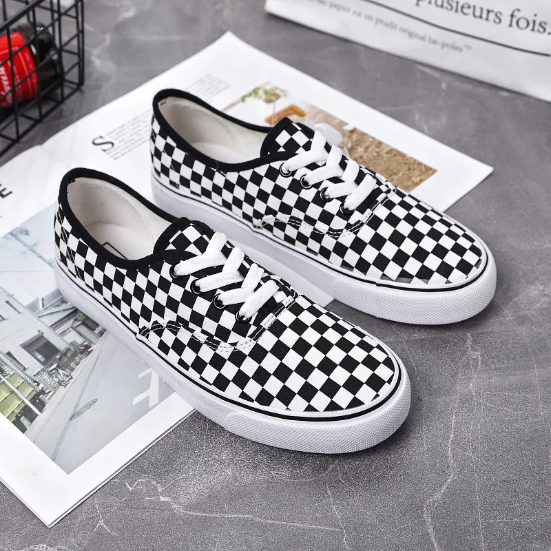 Unisex Brand Women Shoes Flats Canvas Shoes Woman Breathable Lace-up Plaid Vulcanize Shoes Shallow Casual Sneakers High Quality