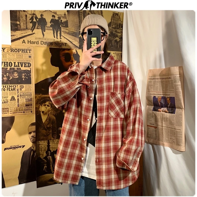 Privathinker Men Spring Long Sleeve Plaid Shirt Mens Office Korean Loose Shirts Male Fashion Harajuku Clothing New Teen 2020 | Мужская