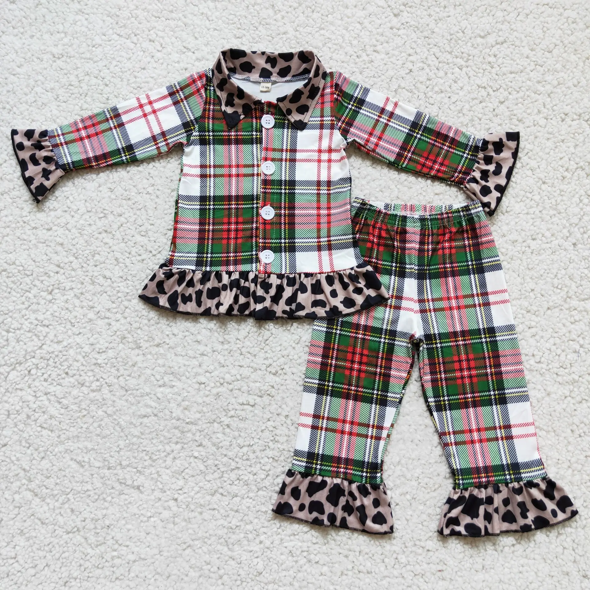 

Nightgown Lovely Baby Girls Leopard and Grid Pajamas Ruffles Sleeve and Pants Set Wholesale Boutique RTS Nightclothes