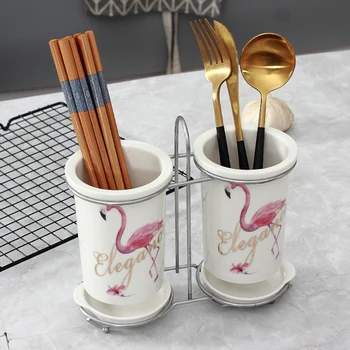 

Double Row Chopsticks Cage Creative Flamingo Pattern Double Seat Ceramic Chopsticks Tube Set for Household Kitchen
