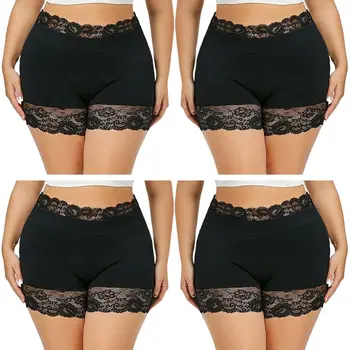 

Women Plus Size High Waist Boxer Shorts Seamless Scalloped Floral Lace Splicing Safety Pants Solid Color Elastic Underpant L-6XL