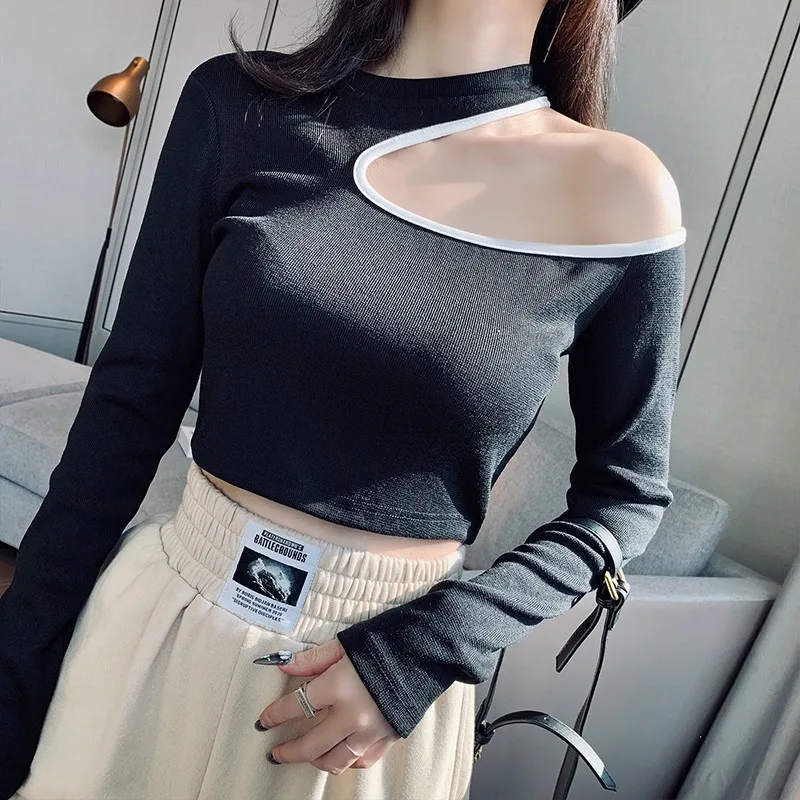 

Fashion Color Stitching Tight T-shirt Korean Hollow Long Sleeve Women Tshirt Sexy Off Shoulder Crops Casual Female Clothes 2020