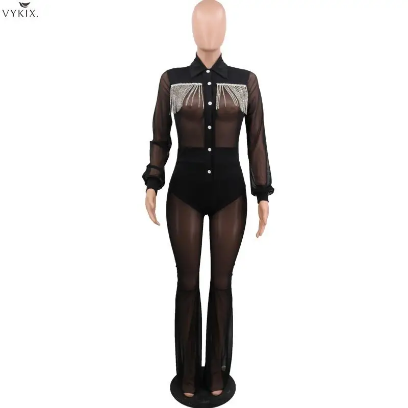 Spring Sexy Jumpsuit Women Romper Turn Down Collar Long Sleeve Solid Night Clubwear Mesh See Through One Piece Jumpsuit Women