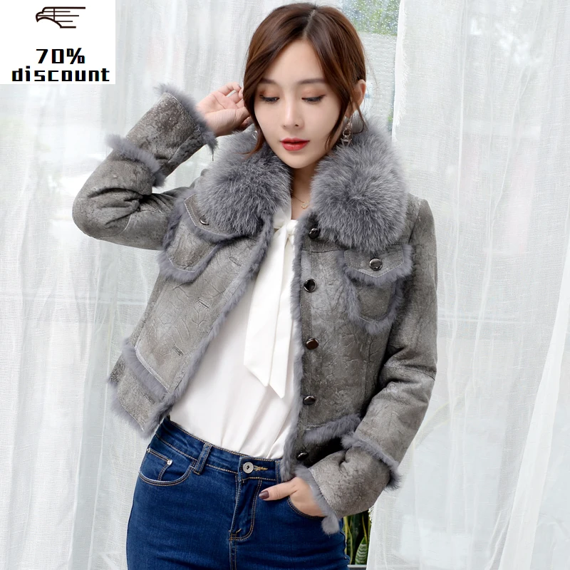 

Double Faced Fur Coat Female Fox Fur Collar Natural Rabbit Fur Coats 2020 Winter Jacket Women Genuine Leather Jacket MY