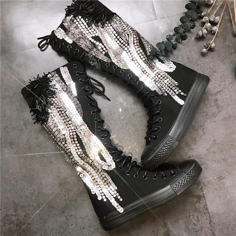 

JELLYFOND Bling canvas boots shoes in women black shinny Women Boots Women Knee High canvas causal shoes zapatos de mujer