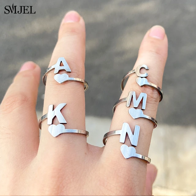 Bague Avec Les 26 Lettres Du Petit Cœur Pour Femme, En Acier